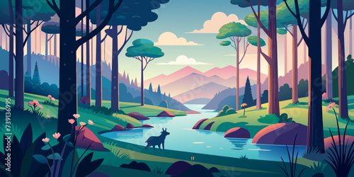 Tranquil Forest Pastel Trees and Babbling Brook