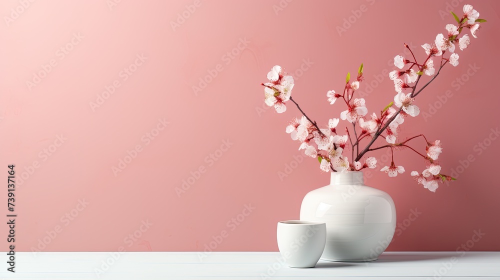 A beautiful white jug with a flowering branch on a pink background. Spring sale.