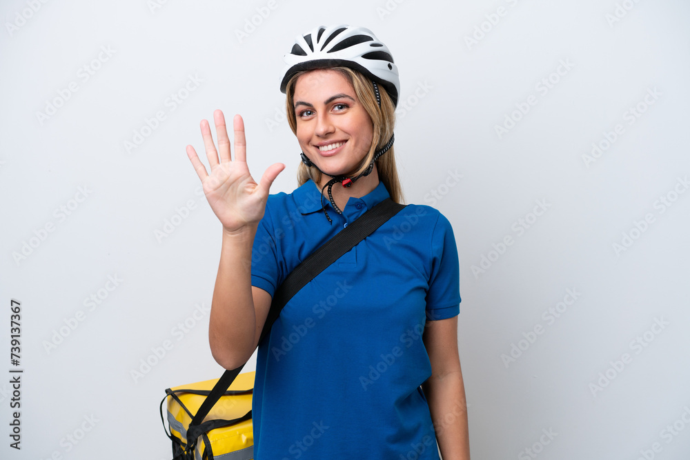 Young caucasian woman with thermal backpack isolated on white background counting five with fingers Young caucasian woman with thermal backpack isolated on white background counting five with fingers