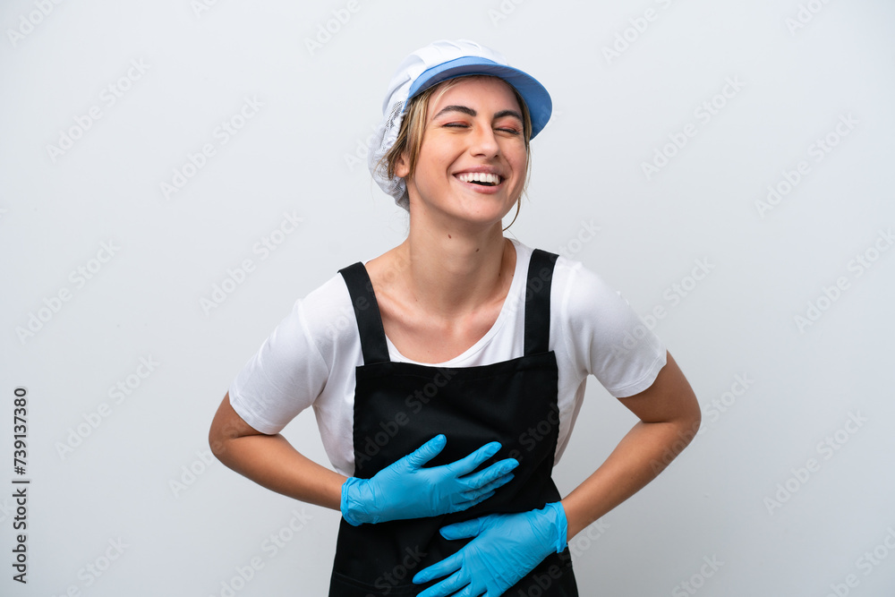 Fishwife woman isolated on white background smiling a lot Fishwife woman isolated on white background smiling a lot