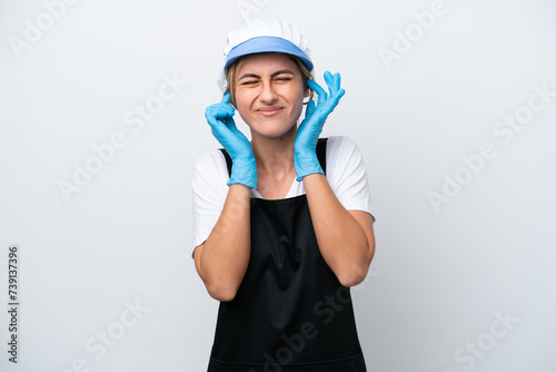 Fishwife woman isolated on white background frustrated and covering ears