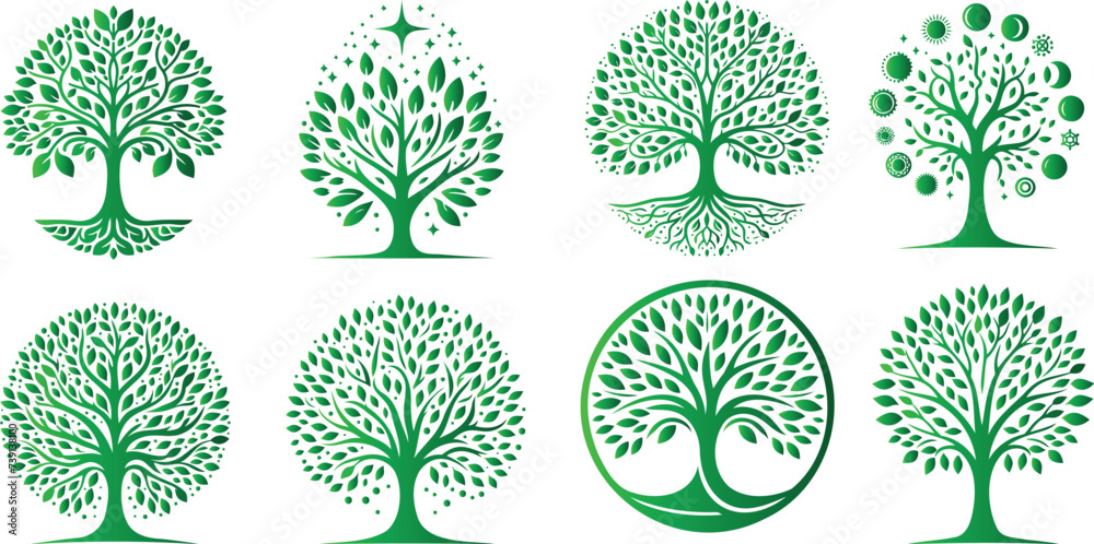 Green tree of life, eco friendly tree icons, perfect for branding, nature logos, eco friendly campaigns. Vibrant, diverse designs symbolizing growth, ecology - obrazy, fototapety, plakaty 