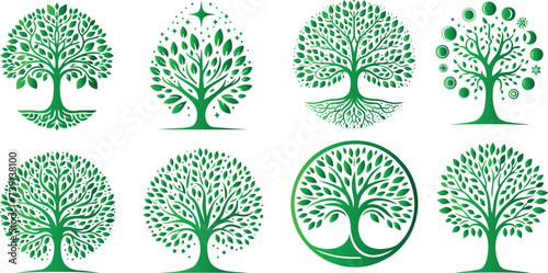 Green tree of life, eco friendly tree icons, perfect for branding, nature logos, eco friendly campaigns. Vibrant, diverse designs symbolizing growth, ecology