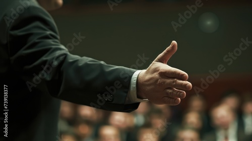 Confident businessman gesturing during presentation with blurred audience in background