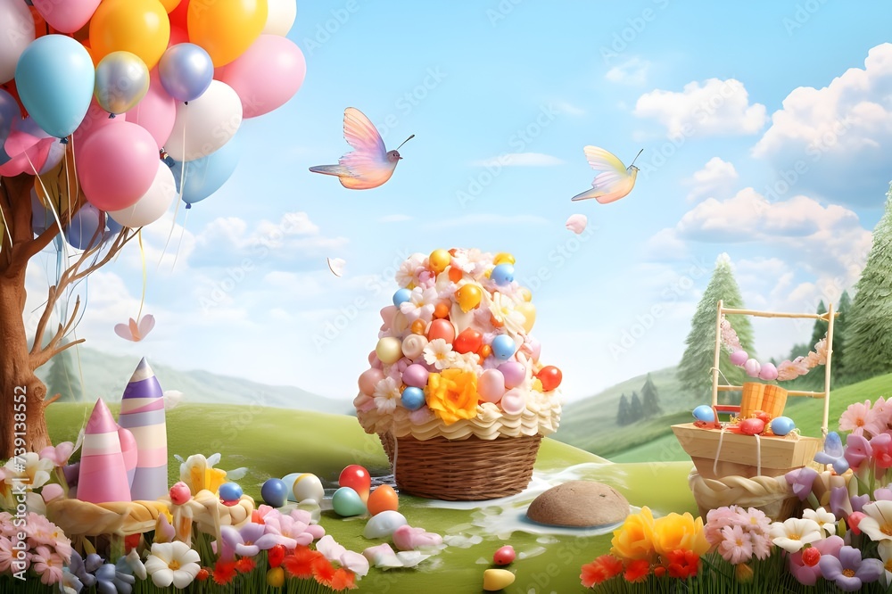 Easter egg cake in basket with easter eggs birds and balloon