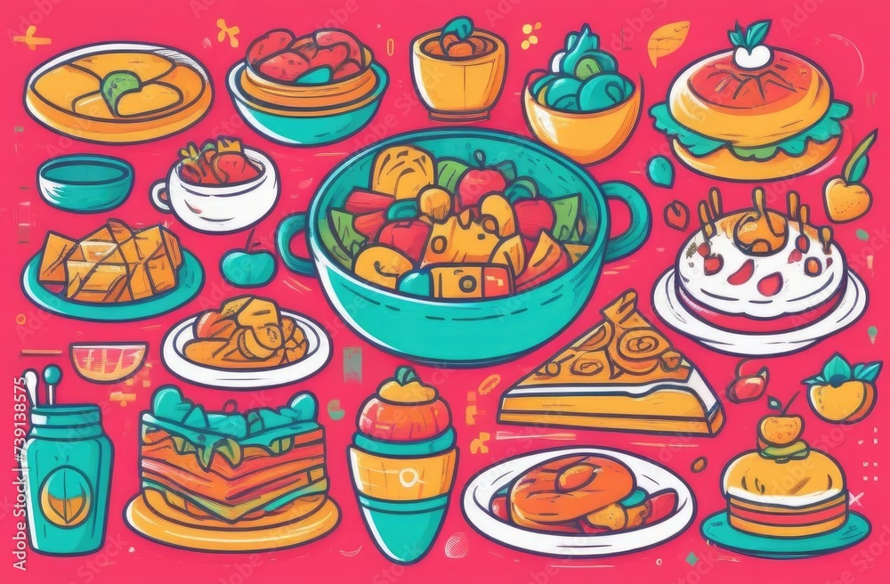 A set of fast food. Hamburger, Hot Dog, Shawarma, Wok Noodles, Pizza, Hamburger, Cake, Takeaway Cookies A set of fast food. Hamburger, Hot Dog, Shawarma, Wok Noodles, Pizza, Hamburger, Cake, Takeaway Cookies