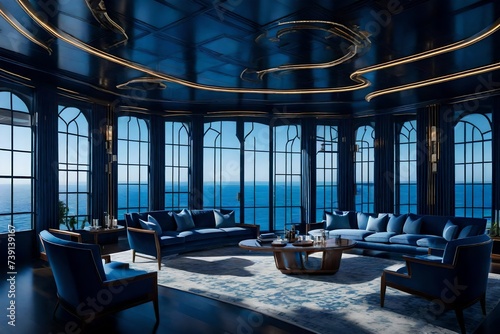A nautical-themed lounge with navy blue accents  ship-inspired decor  and panoramic windows offering breathtaking ocean views.