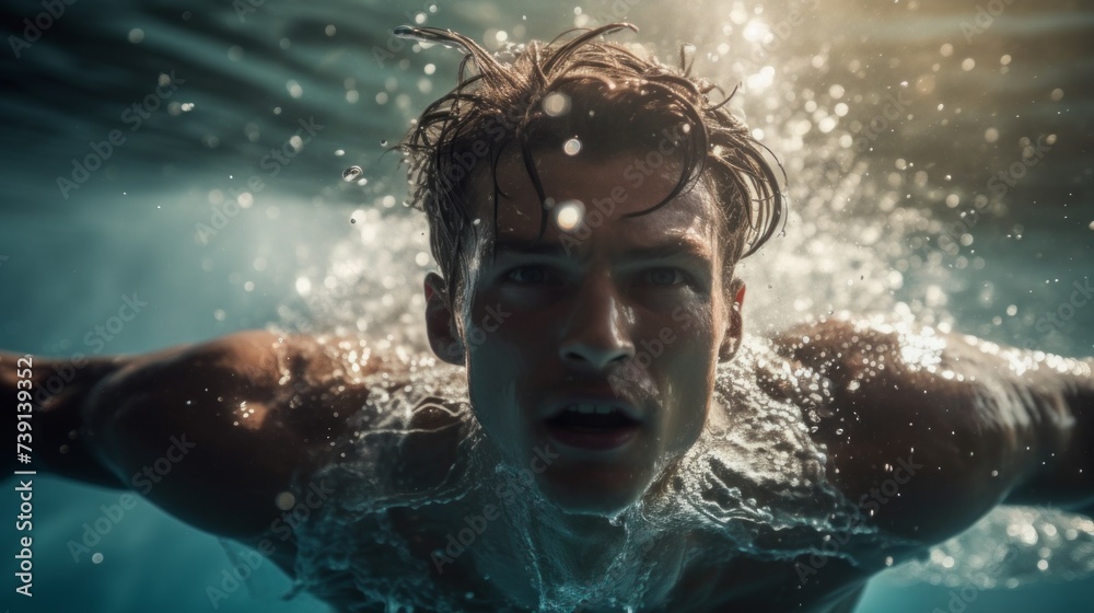 Close-up of a handsome young man swimming in the pool. Healthy lifestyle, Sports concepts. Close-up of a handsome young man swimming in the pool. Healthy lifestyle, Sports concepts.