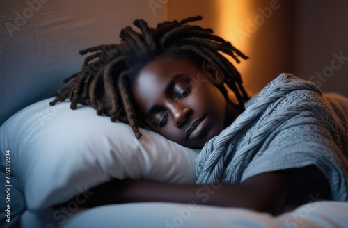 Multiracial boy-child sleeping on pillow.african american man with dreadlocks closed his eyes,sweet teen dream