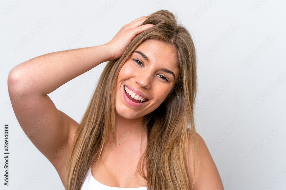 Young caucasian woman isolated on white background with happy expression. Close up portrait