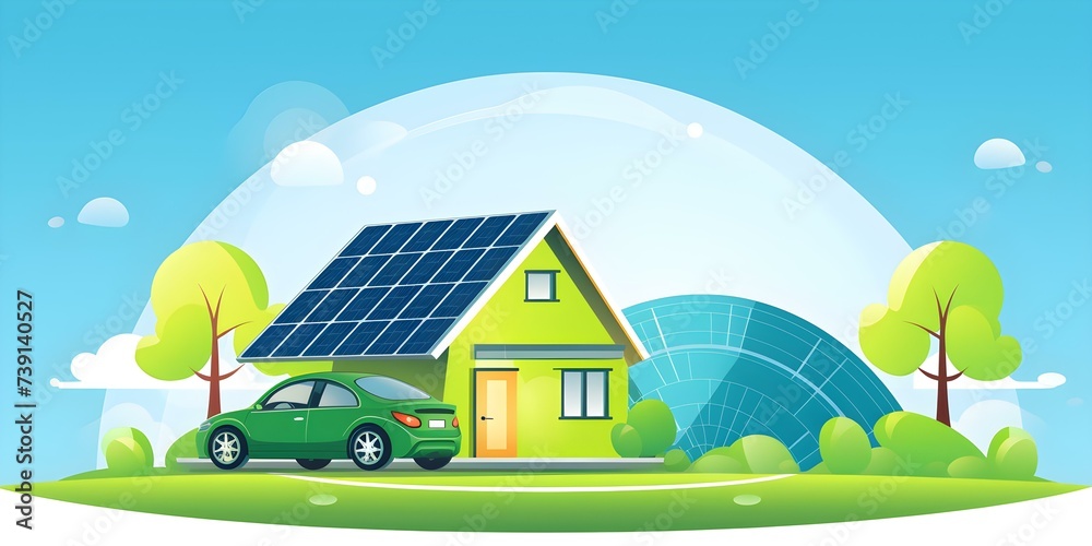A sustainable family proudly shows off their solarpowered home with electric car. Concept Sustainable Living, Solar Power, Electric Vehicles, Eco-Friendly Home, Family Portrait