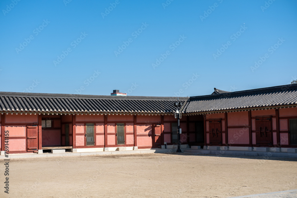 Hwaseong Haenggung, temporary palace where the king used to stay when he traveled outside of Seoul, South Korea. with the autumn nature background. It is famous as K-drama filming location.