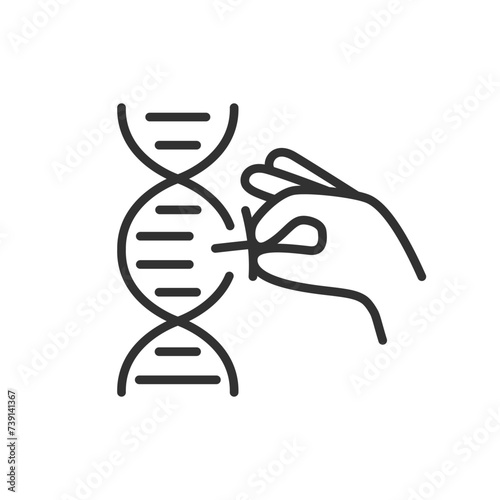 Molecular genetics, Genetic engineering, dna gene editing, linear icon. Hand holding a molecule, a section of dna. Line with editable stroke