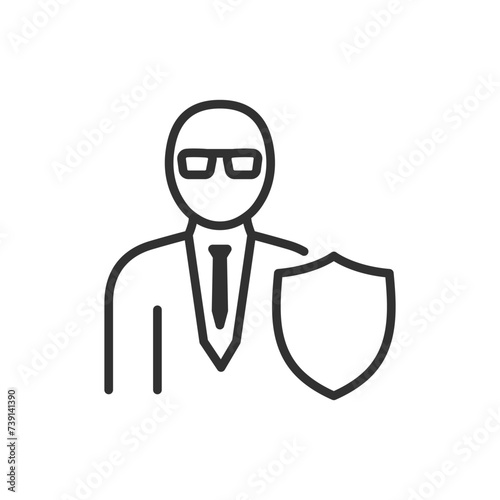 Security, linear icon. Man in glasses and tie and shield. Security agent. Line with editable stroke