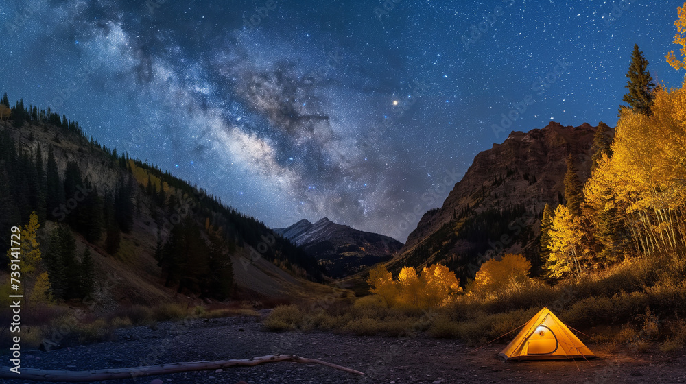 Tents camping in the dark night with dramatic milky way on above, in autumn season, alone life and journey tourist,