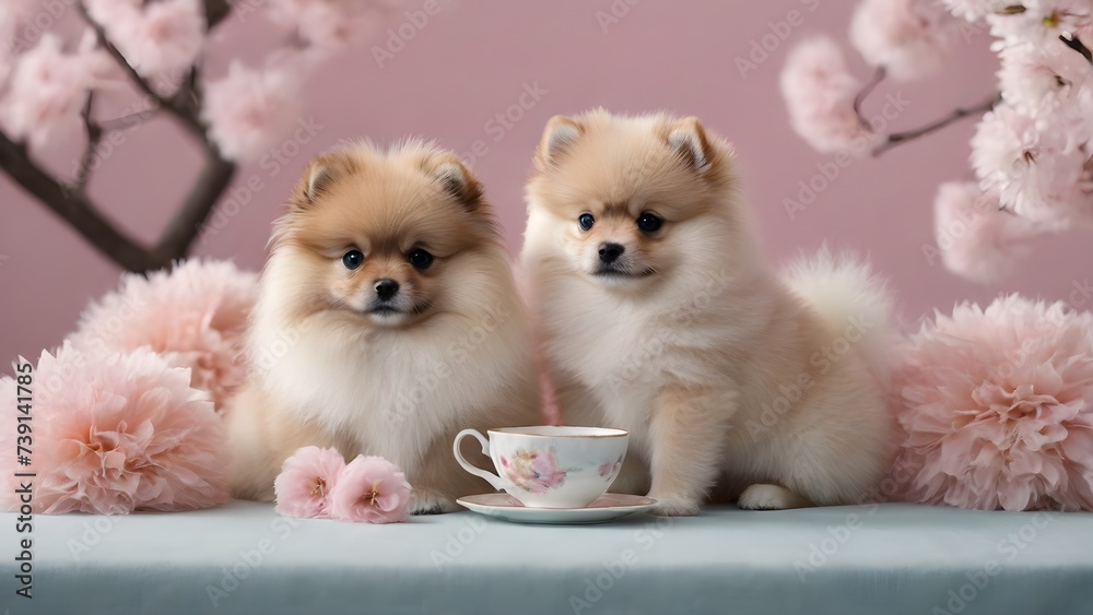 Obraz premium Two cute Pomeranian puppy sitting near teacup