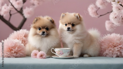 Two cute Pomeranian puppy sitting near teacup photo
