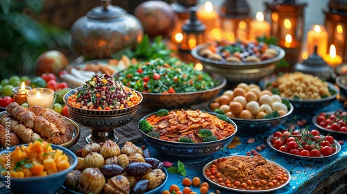 A wide shot of a table set for Suhoor during Ramadan, featuring a variety of healthy foods. Abundance of fruits, whole grains, and hydrating beverages, inviting setting.