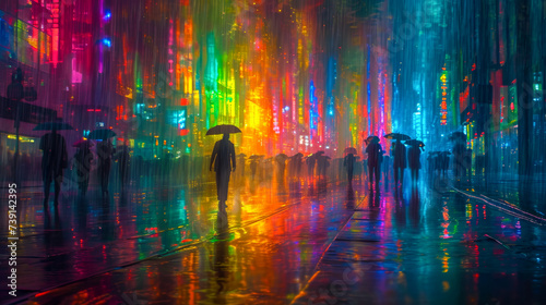 A rain shower transforms a city street into a canvas of reflected neon lights  each droplet a miniature prism  adding a surreal  magical dimension to the urban scenery