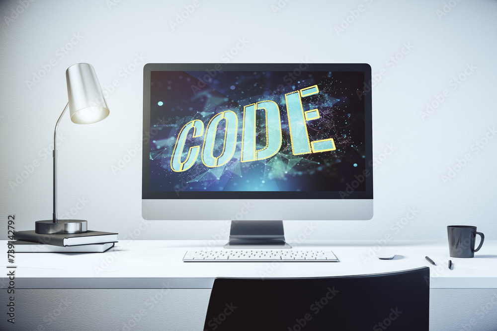 Creative Code word sign on modern computer monitor, international software development concept. 3D Rendering