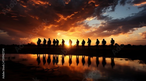Silhouettes of soldiers saluting on background of sunset photo