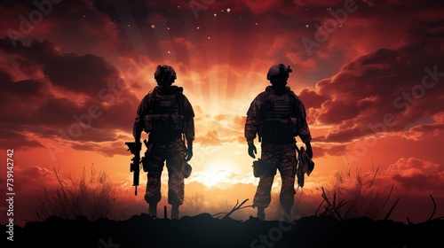 Silhouettes of soldiers saluting on background of sunset