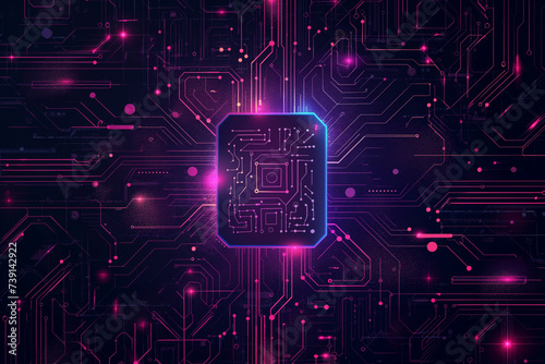 Top down view of circuit board with main controlling CPU chip. Computer graphic of digital device. Computers and technology concept. Generative Ai Illustration.