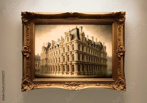 Oil painting of a historic European building, framed elegantly on the wall