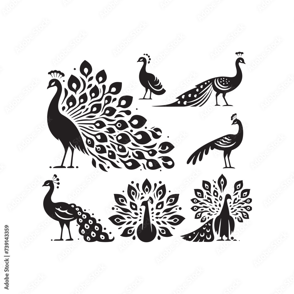 Naklejka premium Galactic Grace: Enigmatic Peacock Silhouette in Cosmic Embrace - Peacock Vector 