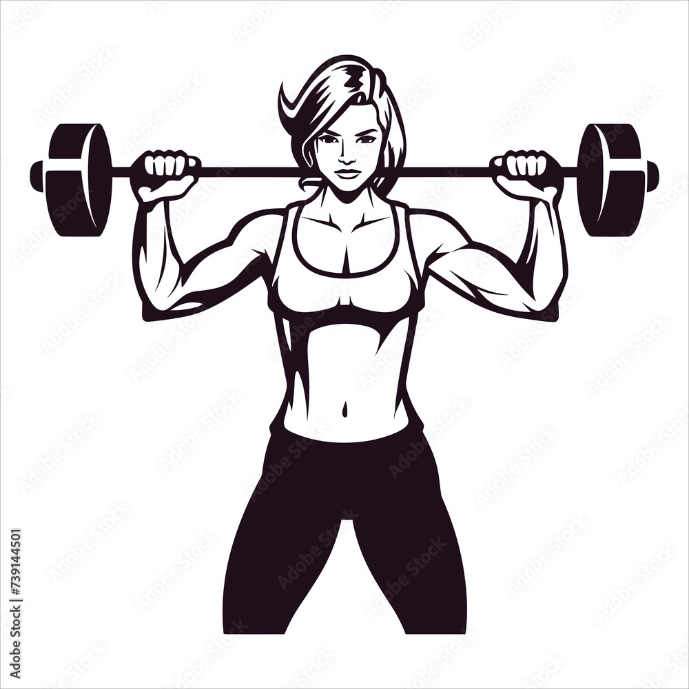 Obraz premium Girl bodybuilder lifts a barbell with a big weight, sports training in the gym, cartoon vector
