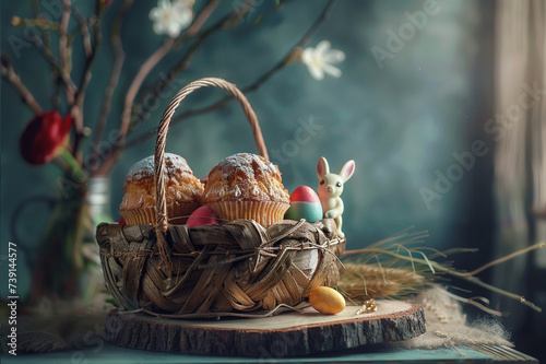 Professional Easter photography: birch bark basket with Easter cakes, dyed eggs, toy bunny,  cinematic lighting, beautiful flesh tone and texture, cinematic color grading. photo