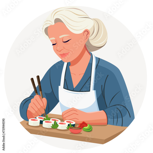 An elderly woman in work clothes takes a meal during her lunch break. Woman master tasting ready sushi rolls lying on a wooden cutting board. Vector. Cartoon. Flat, simple style. Close-up. 