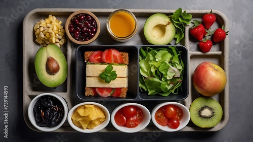 healthy take away food and drinks in disposable eco friendly paper containers on gray background top view fresh, salad ,vegetable, fruit