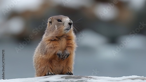 A groundhog perched on its hind legs, sniffing the air for signs of danger before scurrying back i © Jūlija
