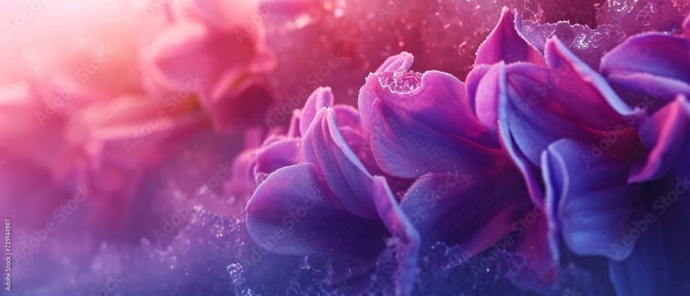 Wavy macro shot portrays the Hyacinth amidst frosty surroundings, its petals aglow with a mix of cold and warm tones, offering a tranquil respite.