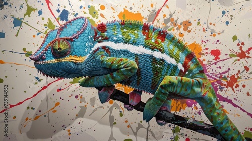 A vivid, splash art chameleon with a dynamic array of colors, creating a visually stimulating artwork