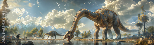 long neck dinosaur drinking in a lake photo