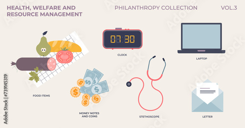 Health, welfare and resource management from philanthropy tiny collection set. Labeled elements with financial, medical, legal and daily support vector illustration. Public wellness and civil care.