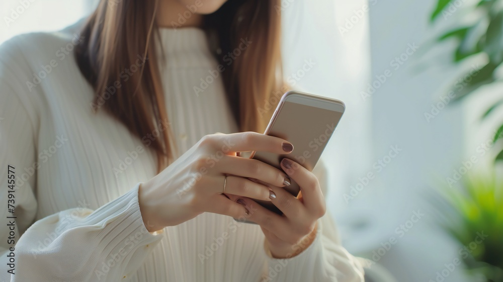 Close-up: Businesswoman's hands on mobile in office. Close-up: Businesswoman's hands on mobile in office.