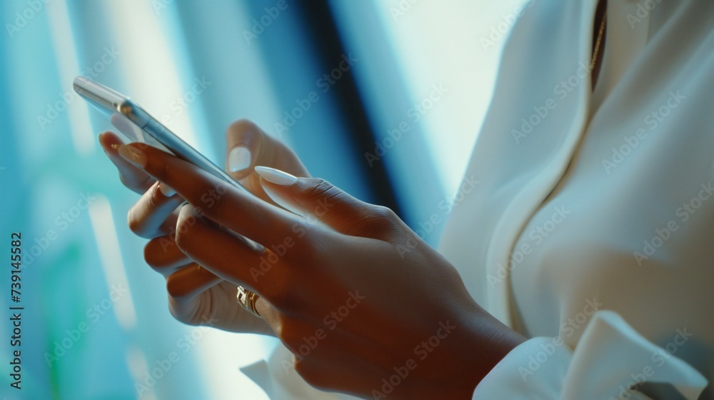 Close-up: Businesswoman's hand tapping on mobile screen.