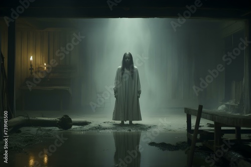 Capturing ghostly horror in a cinematic frame: Chillingly atmospheric still. Concept Horror Photography, Cinematic Shots, Atmospheric Images, Ghostly Aesthetics, Chilling Portraits