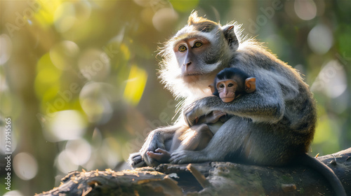A mother monkey is carrying her child on a wooden branch photo
