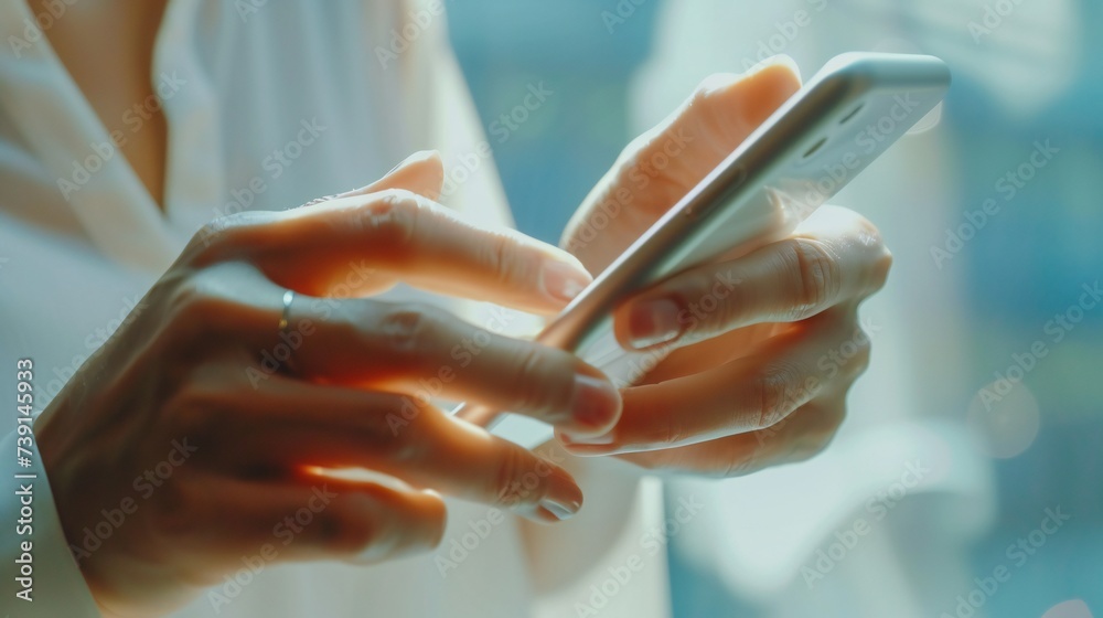 Close-up of businesswoman's five fingers on mobile.