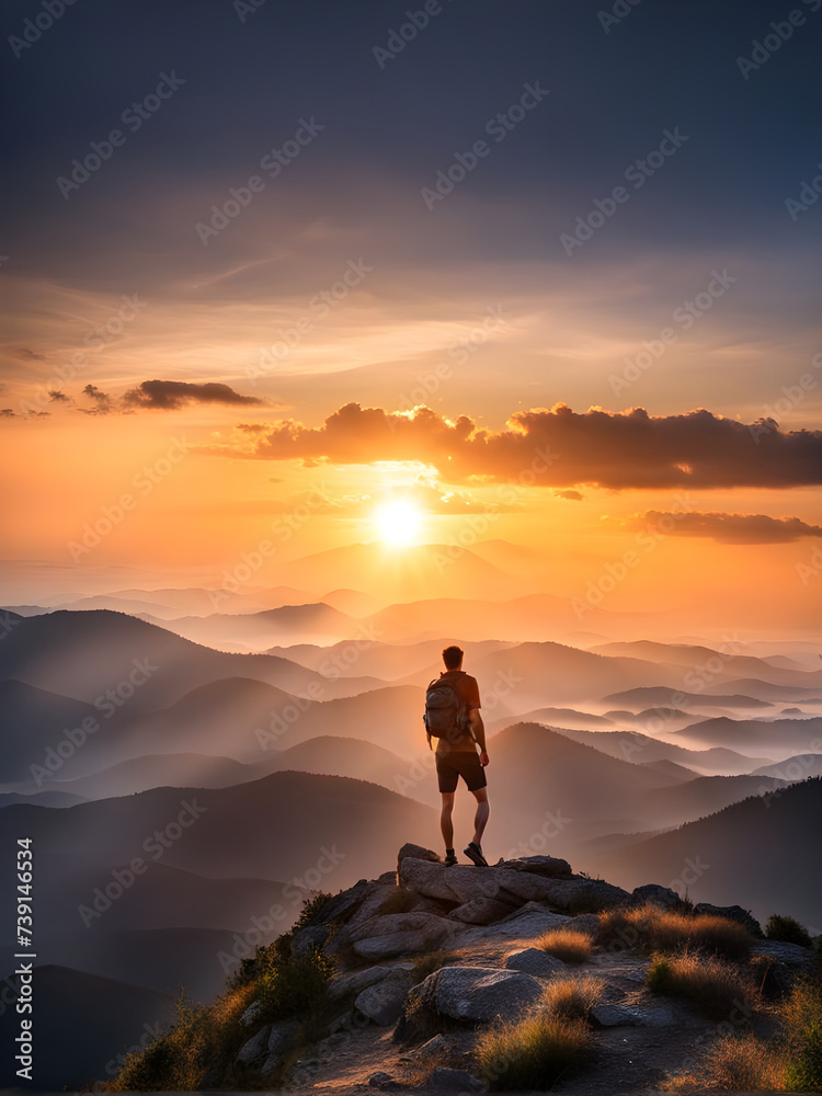 Young man hiker looking sunset at top of the mountain. goals concept. success concept.