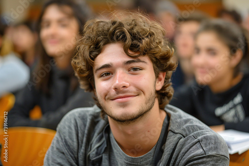 College Student Engaged in Classroom Lecture Joyful Learning: 