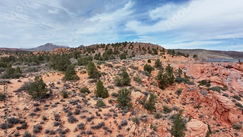 Aerial red rock desert river Utah slide 1. Gunlock State Park of Utah. Red rock sandstone and black volcanic landscape. Overflow from reservoir lake. Natural environment. photo