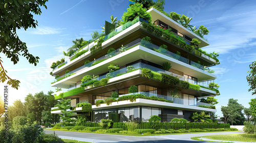 modern eco-friendly multi-storey building with green plants on the roof and balconies, vertical gardening