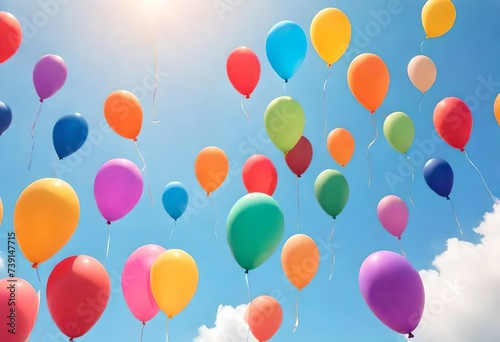 Balloons Around the World Day. Female hand with Colorful balloons on sky background. Festive balloons in air web wide banner. AI generated