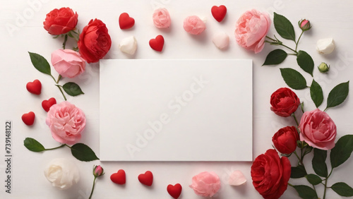 Valentine's Day background with red and pink roses and blank card