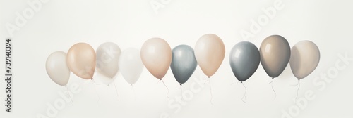 In the serene backdrop of a white canvas  colorful balloons drift together  creating a whimsical and joyful atmosphere in the customizable background image.